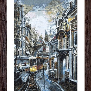 Cross-stitch cityscape kit, tram embroidery pattern, hand embroidered fall city landscape, needlepoint urban picture image 3