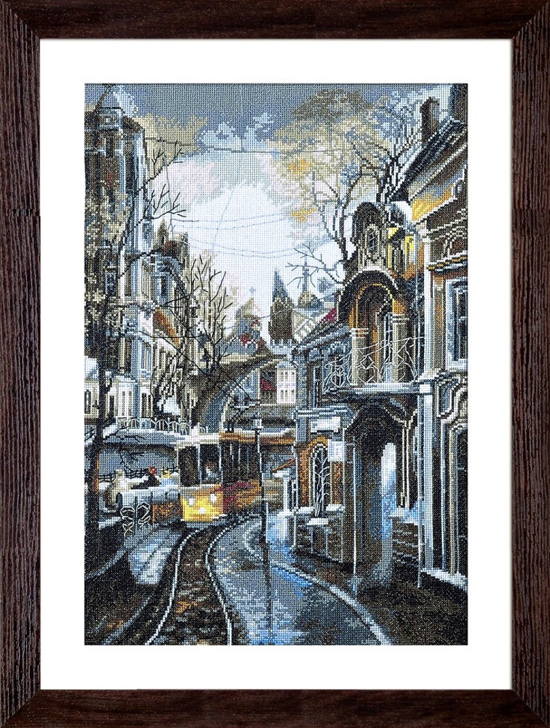 Cross-stitch cityscape kit, tram embroidery pattern, hand embroidered fall city landscape, needlepoint urban picture image 3