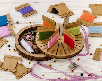 Floss and embroidery supplies organizer + 17 wooden floss bobbins, embroidery threads storage, wood cross stitch storage