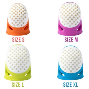 May include: Four silicone thimbles in different sizes and colors: orange, pink, green, and blue. Each thimble has a white, honeycomb-like top and a smooth, colored base. The thimbles are labeled with their sizes: S, M, L, and XL.
