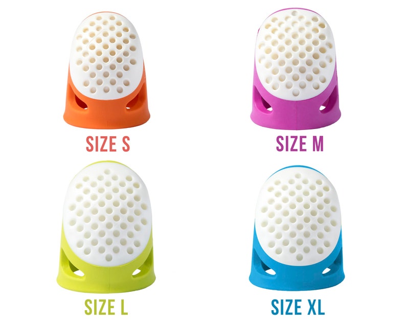 May include: Four silicone thimbles in different sizes and colors: orange, pink, green, and blue. Each thimble has a white, honeycomb-like top and a smooth, colored base. The thimbles are labeled with their sizes: S, M, L, and XL.