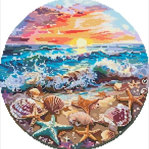 Shells on seashore cross stitch pattern, coastal round design, sun & sea x-stitch PDF digital