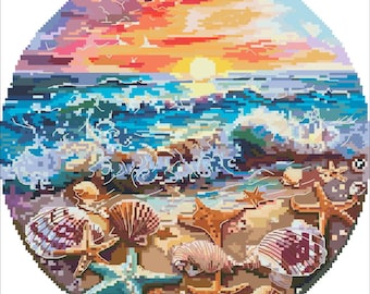 Shells on seashore cross stitch pattern, coastal round design, sun & sea x-stitch PDF digital