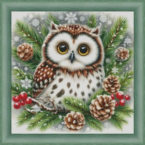 Owl cross stitch pattern, Christmas bird on the tree x-stitch, night bird design DIY PDF digital files