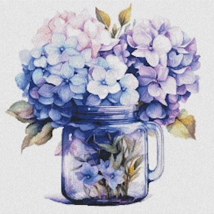 Hydrangea cross stitch pattern, purple flowers x-stitch, summer floral stitching wall art