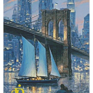 Brooklyn Bridge cross-stitch pattern, sailboat on Hudson x-stitch design, New York landscape PDF digital