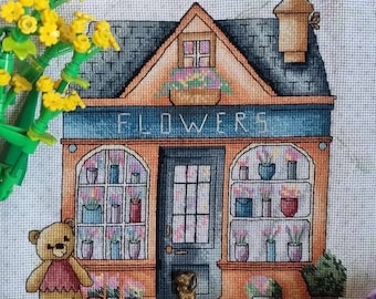 Flower shop cross-stitch pattern, cute house sampler PDF digital, Counted cross stitch