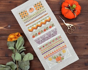 Autumn harvest sampler cross stitch pattern, pumpkin x-stitch digital file, fall vegetable design, botanic needlepoint, folk ornament PDF