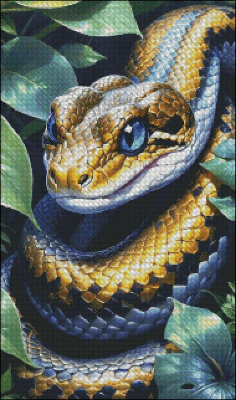 May include: A detailed illustration of a snake with a yellow, blue, and white pattern. The snake has bright blue eyes and is surrounded by green leaves. The artwork is a close-up, showcasing the snake's scales and texture.