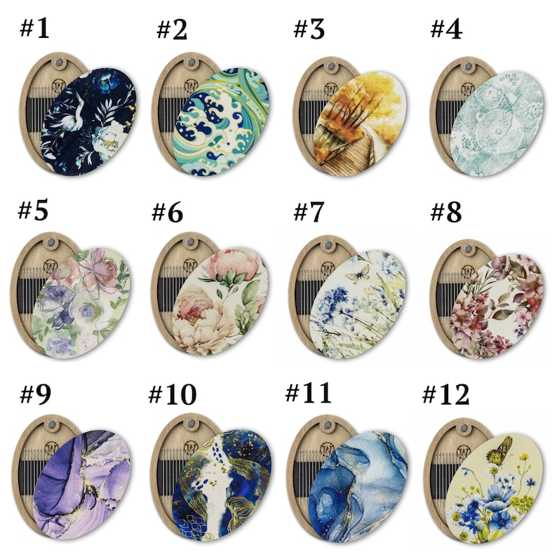 May include: Twelve heart-shaped wooden boxes with different patterned oval inserts. Each box has a number from 1 to 12 printed on the top.
