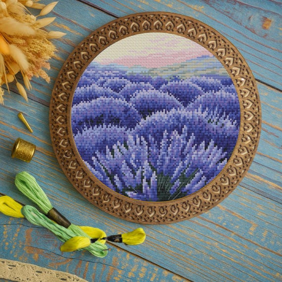 Lavender Field Cross Stitch Pattern, Provence Landscape PDF, Lilac Flower Design