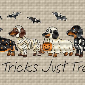 May include: A cross-stitch pattern on beige fabric featuring four dachshunds in Halloween costumes: a witch, a mummy, a ghost holding a pumpkin bucket, and a skeleton. Four black bats fly above the dogs. The text reads No Tricks Just Treats.