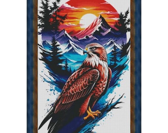 Schema per punto croce con aquila, paesaggio montano a punto croce, disegno al tramonto, uccello e natura PDF digitale