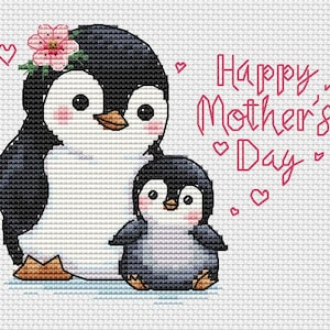 Penguin mom and baby cross stitch pattern, happy Mother's day x-stitch design, cute birds cross stitch PDF, mom and a child