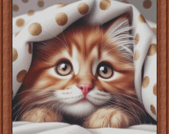 Red cat cross stitch pattern, ginger kitten in bed x-stitch design PDF, pet portrait DIY needlepoint file, baby animal wall art digital