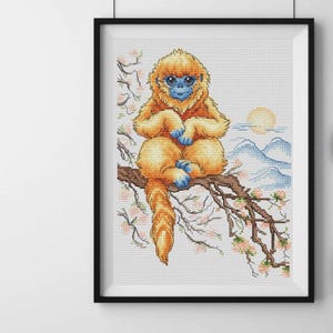 Monkey on sakura branch cross-stitch pattern, oriental landscape x-stitch design
