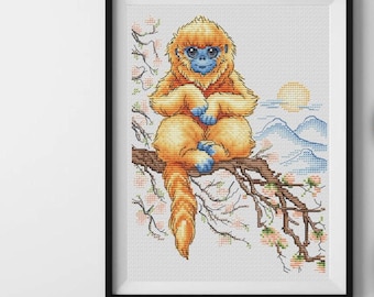 Monkey on sakura branch cross-stitch pattern, oriental landscape x-stitch design