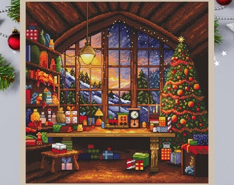 Santa's workshop cross stitch pattern, Christmas embroidery design, PDF digital file