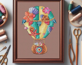 Girl room cross-stitch pattern, Air Balloon summer embroidery PDF digital, shells Hand Embroidery, Counted cross stitch, kids cross stitch