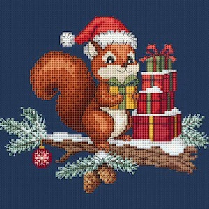 Weihnachts Eichhörnchen mit Geschenken Kreuzstichmuster, Weihnachten DIY Winter Geschenk Postkarte Kreuzstichmuster,