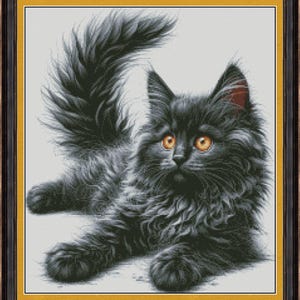 Black cat cross-stitch pattern, fluffy kitten x-stitch design, cat lover gift needlepoint Digital file