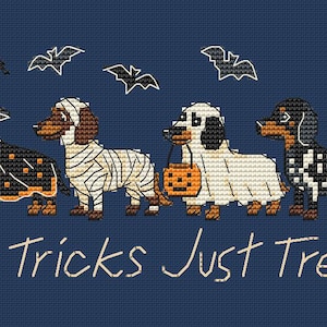 May include: A cross-stitch pattern on a dark blue background featuring four dachshunds in Halloween costumes: a witch, a mummy, a ghost holding an orange pumpkin bucket, and a skeleton. Above the dogs are four bats, and below is the text No Tricks Just Treats.