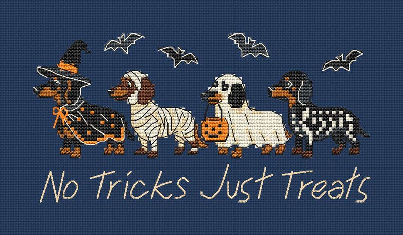 May include: A cross-stitch pattern on a dark blue background featuring four dachshunds in Halloween costumes: a witch, a mummy, a ghost holding an orange pumpkin bucket, and a skeleton. Above the dogs are four bats, and below is the text No Tricks Just Treats.