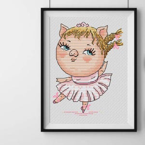 Ballerina pig cross stitch pattern, animal dancer x-stitch, funny ballet modern design PDF file