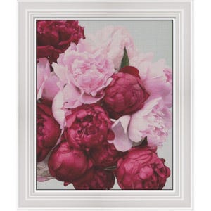 Pink Peonies cross stitch pattern, Flowers  Bouquet x-stitch, floral design