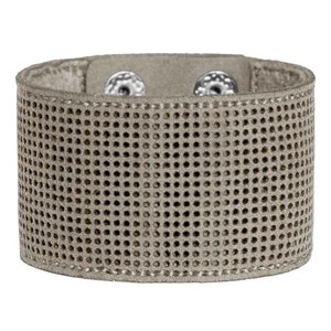 May include: A gray leather bracelet with a perforated design and silver metal accents.
