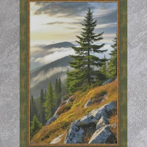 Mountain landscape cross stitch pattern, Pine Forest on Slopes x-stitch design, clouds on peaks digital file