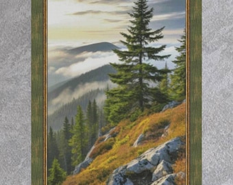 Mountain landscape cross stitch pattern, Pine Forest on Slopes x-stitch design, clouds on peaks digital file