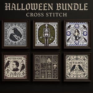 Halloween Bundle 6 Samplers cross stitch, Edgar Poe x-stitch, Raven Nevermore gothic design, Dark Academia pattern