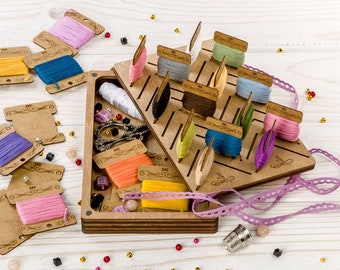 Stickzubehör Organizer + 38 Holzspulen, Stickerei Aufbewahrungsbox, Kreuzstich Box aus Holz