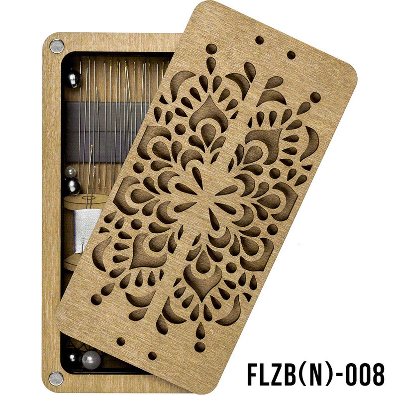 May include: A wooden box with a decorative cutout design on the lid. The box is open and reveals a variety of sewing supplies, including needles, thread, and beads. The box is labeled "FLZB(N)-008".