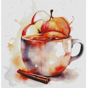 Tasse Apfel Tee mit Zimt Kreuzstichmuster,Postkarte für den Teeladen PDF-Datei, Geschenk für Teeliebhaber x-Stich Design, DIY Wanddekor