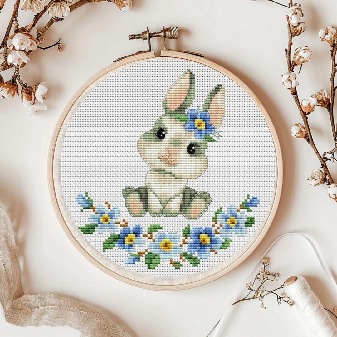 PDF Digital Easter Bunny Cross Stitch Patterns, Flower Rabbits Counted ...