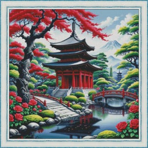 Sakura blossoms & Fuji cross-stitch pattern, cherry blossom PDF file, Japanese landscape x-stitch