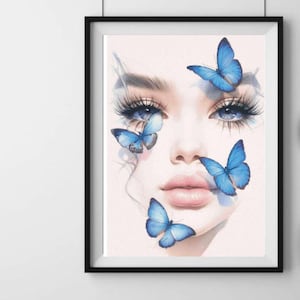 Girl with butterflies cross stitch pattern, blue eyed woman portrait x-stitch design PDF digital
