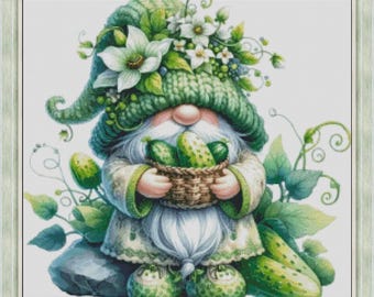 Gnome with cucumbers cross stitch pattern, green garden gnome x-stitch, dwarf gardener stitching pattern