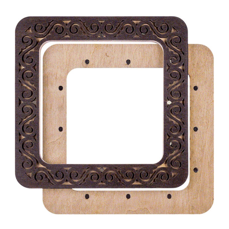 May include: A square wooden frame with a decorative inner frame. The inner frame is dark brown with a swirling pattern. The outer frame is light brown with a smooth surface.