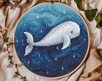 Patrón de punto de cruz de ballena blanca, punto de cruz contado de beluga, diseño de mar nocturno polar, descarga de punto de cruz de animales marinos, pez grande en agua oscura
