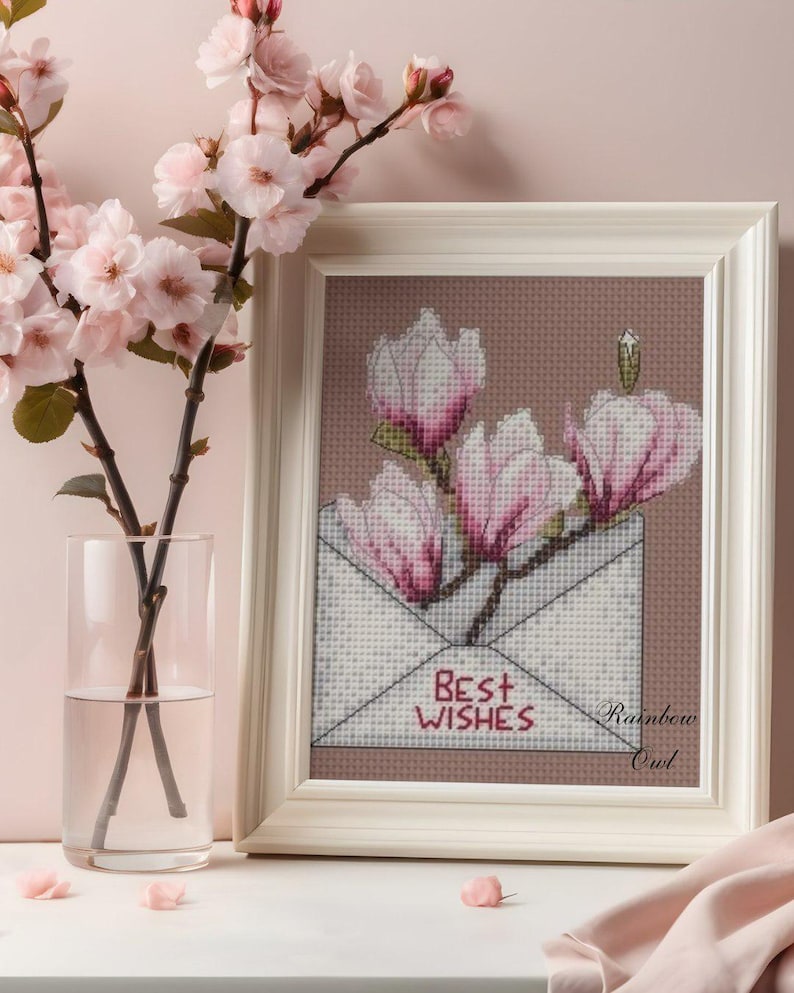 Magnolia in Envelope Cross-stitch Pattern, Letter With Flowers X-stitch ...