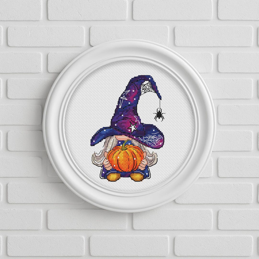 Gnome Witch Cross Stitch Pattern, Halloween Gnome With Pumpkin X-stitch ...