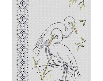 A pair of herons in love cross stitch pattern,DIY wall decor,spring birds x-stitch,couple birds herons digital files,spring  rural motif PDF