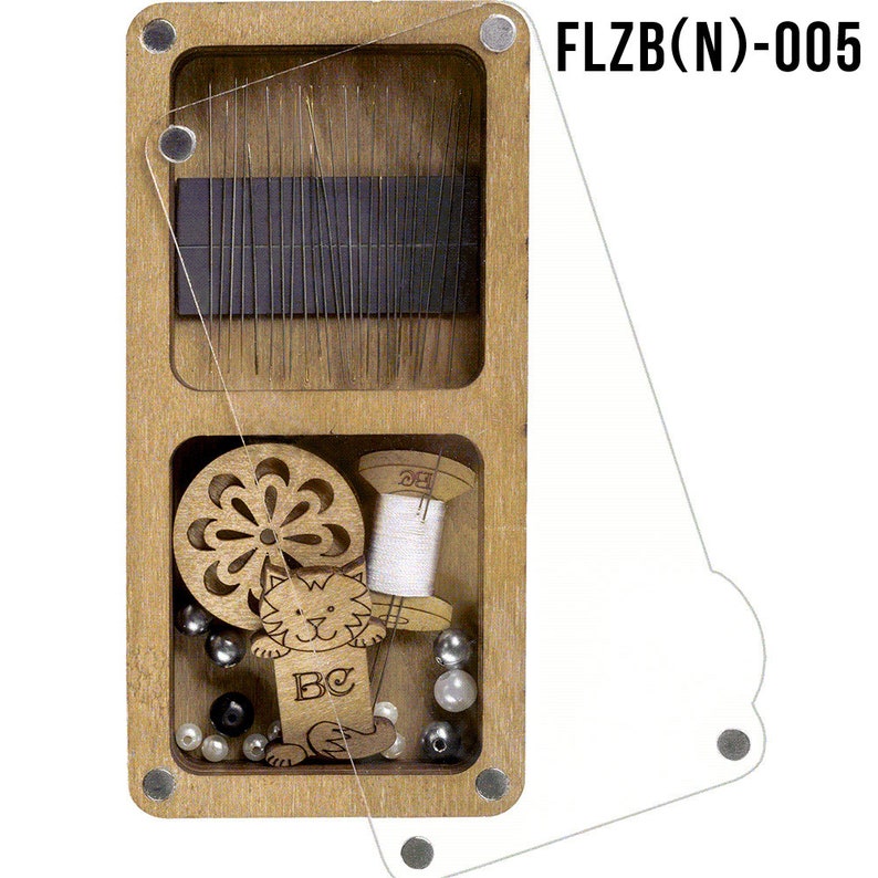 May include: A wooden box with a clear lid containing a variety of sewing supplies, including needles, thread, beads, and a small wooden cat figurine. The box is labeled "FLZB(N)-005".