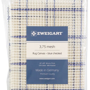 May include: A white rug canvas with blue checked lines. The canvas is 24 inches by 30 inches and is made of 52% cotton and 48% polyester. It is 3.75 mesh and is made in Germany. The label says "ZWEIGART" and "Premium Quality".