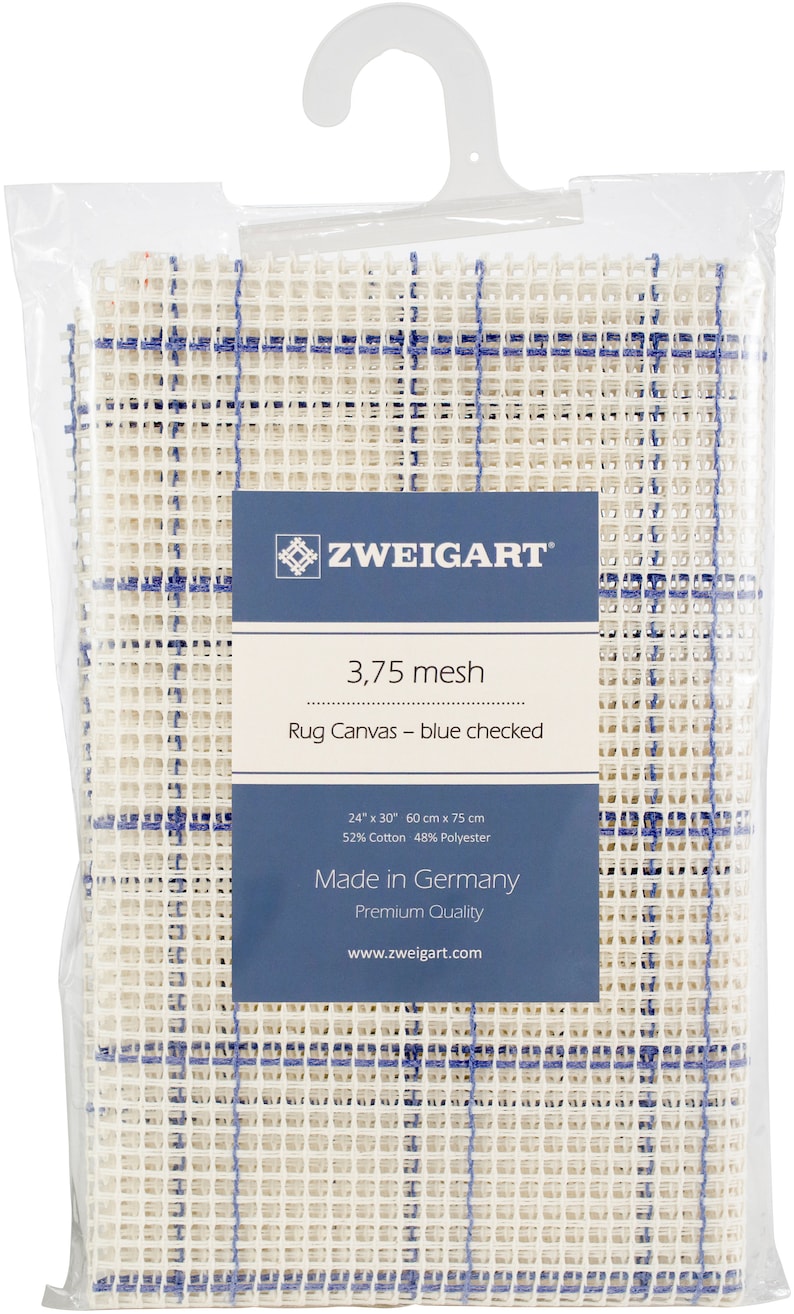 May include: A white rug canvas with blue checked lines. The canvas is 24 inches by 30 inches and is made of 52% cotton and 48% polyester. It is 3.75 mesh and is made in Germany. The label says "ZWEIGART" and "Premium Quality".