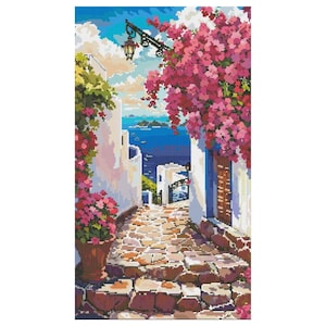 Santorini Street cross stitch pattern, Greece sea landscape x-stitch, summer travel design digital