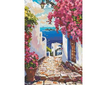 Santorini Street cross stitch pattern, Greece sea landscape x-stitch, summer travel design digital